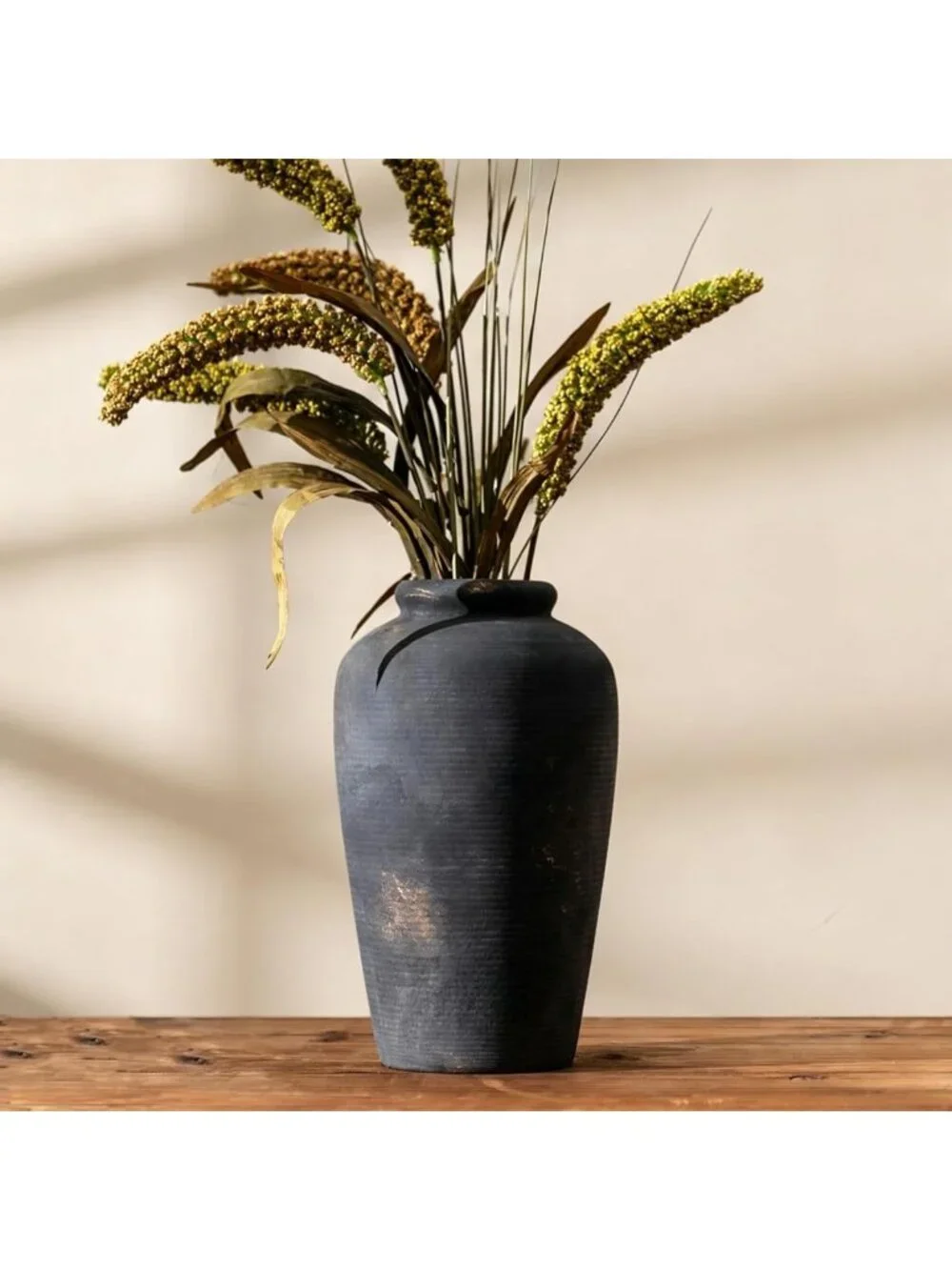 Large Matte Black Vintage Ceramic Flower Vase - Distressed Bronze Farmhouse